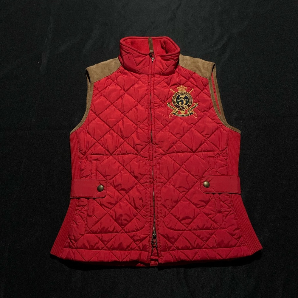 NEW Polo Ralph Lauren Womens Equestrian Quilted Vest! Red With Suede Trim